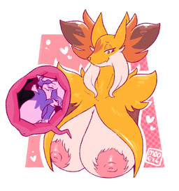 alternate_color ambiguous_gender ambiguous_prey anthro anthro_pred anthro_prey areola arm_tuft big_areola big_breasts big_nipples biped black_body black_fur blush breast_vore breasts cheek_tuft cutaway dipstick_tail duo endosoma eyelashes eyes_closed facial_markings facial_tuft female female_anthro female_pred fluffy forehead_markings front_view fully_inside fur head_markings heart_symbol hearts_around_body huge_breasts inner_ear_fluff internal larger_anthro larger_female larger_pred markings mature_anthro mature_female multicolored_body multicolored_fur nipples nude nude_ambiguous nude_anthro nude_female orange_body orange_eyes orange_fur orange_inner_ear_fluff orange_nose pink_areola pink_nipples pupils purple_inner_ear_fluff purple_tail purple_tail_tip red_body red_fur red_inner_ear_fluff safe_vore shoulder_tuft simple_background sitting size_difference smaller_ambiguous smaller_anthro smile soft_vore tail tail_markings tuft two_tone_tail unusual_vore vore white_body white_ears white_fur white_tail yellow_body yellow_ears yellow_fur mooexe nintendo pokemon nue_stargazer braixen canid canine generation_6_pokemon generation_9_pokemon mammal mega_delphox mega_evolution pokemon_(species) 2026 colored digital_media_(artwork) hi_res signature male_(lore)