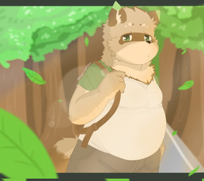 anthro backpack bottomwear brown_body brown_fur clothing detailed_background fur humanoid_hands male outside overweight overweight_anthro overweight_male pants plant shirt solo topwear tree dragon_night800 canid canine mammal raccoon_dog tanuki 2020 hi_res