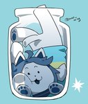 cats_are_liquid clothed clothing container eyebrows glass_jar hair in_container in_jar pawpads paws raised_eyebrows simple_background stuck text tongue topwear white_body mao_ming undertale undertale_(series) temmie_(undertale) canid canine felid feline mammal tem