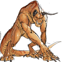 ambiguous_gender claws digitigrade fangs feral finger_claws horn hunched_over mouth_closed sharp_teeth simple_background solo standing tail tan_body teeth text toe_claws white_background fordowner fallout microsoft deathclaw scalie 1:1 artist_name english_description hi_res signature