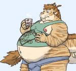 belly beverage big_belly bottomwear bulge clothing horn male pregnant pregnant_male shirt shorts simple_background solo standing tail tail_tuft thick_tail topwear tuft sharkstomeatyou testosterone_(artist) mythology thenamesmel mel_(character) dragon felid hybrid mammal mythological_creature mythological_scalie pantherine scalie tiger hi_res