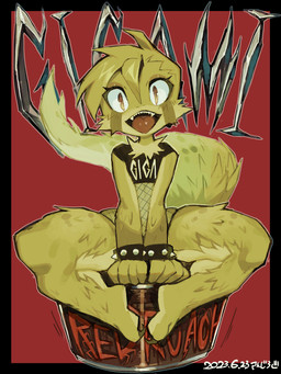 anthro black_border black_clothing black_shirt black_topwear blonde_hair border clothing collar convenient_censorship crop_top eyelashes female fishnet_clothing fishnet_topwear hair open_mouth red_background sharp_teeth shirt simple_background sitting solo spiked_collar spikes tail teeth text text_on_clothing text_on_shirt text_on_topwear thick_thighs tongue topwear yellow_body yellow_eyes sanjiro futago_gigami-chan crested_gecko gecko lizard reptile scalie 2023 3:4 dated hi_res