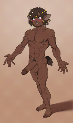 abs accessory anthro balls blush brown_body brown_fur brown_hair ear_piercing ear_ring erection fur genitals gold_hair_ring hair hair_accessory hair_ring humanoid_genitalia humanoid_penis male muscle_tone muscular muscular_anthro muscular_male nude pecs penis piercing pubes ring_piercing smile solo wide_eyed naughtyjester bovid caprine mammal sheep absurd_res hi_res