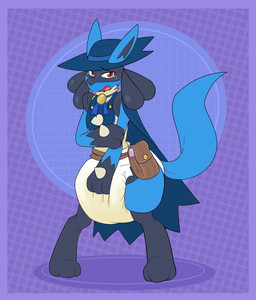 3_fingers 3_toes ambiguous_gender anthro arm_grab belt_pouch bib black_body black_fur black_inner_ear black_pseudo_hair blue_bib blue_body blue_cape blue_clothing blue_ears blue_fur blue_hat blue_headwear blue_neckwear blue_tail blush blush_lines bodily_fluids border cape clean_diaper clothed clothing crying diaper distressed dotted_background feet fingers folded_diaper fur genital_fluids gloves_(marking) hand_on_diaper hat headgear headwear holowear_(pokemon) leg_markings markings medal multicolored_body multicolored_fur open_mouth pattern_background pink_diaper pseudo_hair purple_background purple_border simple_background snaggle_tooth socks_(marking) solo standing tail tears three-quarter_view toes touching_diaper unclean_diaper urine used_diaper wearing_diaper wet_diaper white_diaper yellow_body yellow_fur bubblepuppers nintendo pokemon pokemon_unite costume_party_style_lucario generation_4_pokemon lucario pokemon_(species) 2022 full-length_portrait hi_res portrait