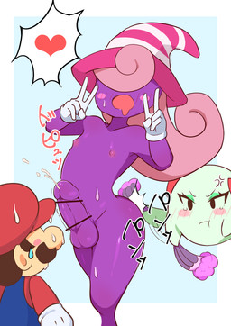 angry balls blush bodily_fluids butt_slap clothed clothing cross-popping_vein cum cumshot ejaculation erection female femboy genital_fluids genitals ghost_tail gloves group hair hands-free handwear hat headgear headwear heart_symbol humanoid_genitalia humanoid_penis ineffective_censorship male motion_blur nipples not_furry open_mouth penis pink_hair purple_balls purple_body purple_penis simple_background slap sweat text white_clothing white_gloves white_handwear witch_hat mae_ga_mienu mario_bros nintendo paper_mario paper_mario:_the_thousand_year_door lady_bow mario vivian_(mario) boo_(mario) ghost human humanoid mammal shadow_siren spirit 2021 absurd_res censored digital_media_(artwork) hi_res translation_request trans_(lore) trans_woman_(lore)