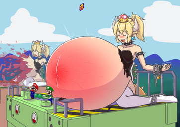 5_fingers armband belly big_belly blonde_hair blood blue_clothing blue_overalls blush bodily_fluids bound bracelet breasts bursting chain chained clothed clothed_human clothed_male clothing collar crown ear_piercing eyebrows eyelashes eyes_closed female female_focus fingers fully_clothed fully_clothed_human fully_clothed_male gore green_clothing green_hat green_headwear green_shirt green_topwear group hair hat headgear headwear horn humanoid_pointy_ears inflation jewelry legwear male navel open_mouth outside overalls piercing pointy_ears ponytail red_clothing red_hat red_headwear red_shirt red_topwear shell shirt sitting spiked_armband spiked_bracelet spiked_collar spiked_shell spiked_tail spikes spikes_(anatomy) square_crossover standing stretch_marks super_crown tail tears teeth thick_eyebrows thigh_highs topwear torn_clothing colucolu bowsette_meme mario_bros mario_party_(series) mario_party_2 nintendo bowser luigi mario animal_humanoid human humanoid koopa_humanoid mammal scalie scalie_humanoid 2018 absurd_res colored digital_drawing_(artwork) digital_media_(artwork) hi_res meme brother_(lore) brothers_(lore) sibling_(lore) twins_(lore)