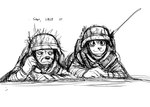 anthro dialogue duo female military military_helmet on_ground simple_background smile soldier text warrior white_background hladilnik peggy_patterson samantha_thott canid canine canis domestic_dog fox mammal 2023 english_text hi_res monochrome sketch