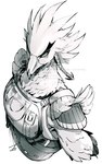 anthro armor beak braided_pseudo_hair feathers high-angle_view looking_at_viewer looking_up looking_up_at_viewer male solo text white_body white_feathers sinsin12121 breath_of_the_wild nintendo the_legend_of_zelda teba_(tloz) avian bird rito half-length_portrait hi_res monochrome portrait