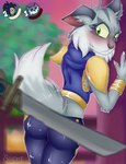 anthro big_butt blue_clothing blush bracelet butt clothing duo female fluffy fluffy_tail fur green_eyes grey_body grey_fur hands_on_wall jewelry katana looking_back male melee_weapon midriff plant shoulder_pads sword tail tree weapon shado3 brawlhalla asuri_(brawlhalla) koji_(brawlhalla) felid feline human mammal pantherine tiger absurd_res hi_res signature