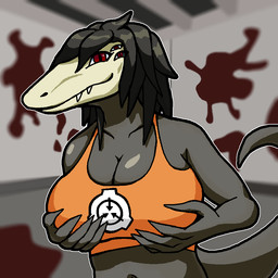 anthro big_breasts black_hair blood blood_splatter bodily_fluids bone breasts brown_body claws clothing crop_top excessive_blood eyelashes fangs female hair holding_breast long_hair messy_hair multi_eye orange_clothing pupils red_eyes shirt skull skull_head slit_pupils smile smiling_at_viewer snaggle_teeth snaggle_tooth solo teeth topwear mrtea scp_containment_breach scp_foundation scp-682 monster reptile scalie 1:1