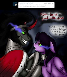 bdsm black_hair bodily_fluids bondage bound chain collar corruption dialogue dominant duo eye_contact eye_mist feathered_wings feathers female feral fur grey_body grey_fur hair horn looking_at_another male purple_body purple_fur red_eyes scared slave smoking_eyes tears text wings hasana-chan friendship_is_magic hasbro my_little_pony mythology tumblr fan_character king_sombra_(mlp) equid equine mammal mythological_creature mythological_equine pegasus unicorn 2012 english_text shaded signature