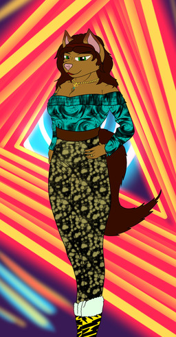 1980s_theme 80s_clothing anthro biped boots bottomwear breasts brown_body brown_fur brown_hair clothed clothing digit_ring female finger_ring footwear fur hair hand_on_hip jewelry lipstick makeup mature_female medium_breasts necklace pants red_lipstick sharon_(crashflash) shirt shoes solo standing tail topwear crashflash canid canine canis mammal wolf 2026 digital_media_(artwork) full-length_portrait hi_res portrait