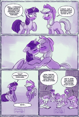 blush bookshelf cartoon_freckles dialogue eyelashes female feral freckled_face freckles furniture group horn kissing long_eyelashes notebook text wings pixelpub friendship_is_magic hasbro my_little_pony mythology apple_bloom_(mlp) applejack_(mlp) scootaloo_(mlp) sweetie_belle_(mlp) twilight_sparkle_(mlp) earth_pony equid equine horse mammal mythological_creature mythological_equine pegasus pony unicorn winged_unicorn comic english_text hi_res