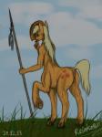 alternate_species anus blonde_hair clothing cloud cutie_mark female freckles genitals grass green_eyes hair hat headgear headwear hooves looking_at_viewer mane melee_weapon outside plant polearm pussy sky solo spear taurification taurified weapon reinkorn friendship_is_magic hasbro my_little_pony applejack_(mlp) earth_pony equid equine horse mammal pony taur