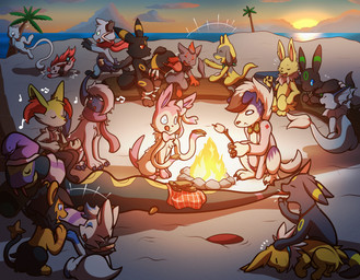 anthro beach campfire claws female feral fire fur group inner_ear_fluff jewelry male open_mouth outside pendant scarf seaside sunset tail tongue tongue_out tuft yellow_body yellow_fur vitrex nintendo pokemon absol braixen dewott eeveelution generation_1_pokemon generation_2_pokemon generation_3_pokemon generation_4_pokemon generation_5_pokemon generation_6_pokemon generation_7_pokemon hybrid jolteon legendary_pokemon luxio lycanroc mew_(pokemon) midnight_lycanroc pokemon_(species) riolu seviper sylveon umbreon vaporeon zoroark zorua digital_media_(artwork) hi_res