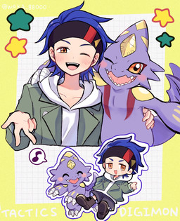 accessory anthro blue_hair blush chibi duo hair headband male one_eye_closed purple_body sharp_teeth smile teeth wink yellow_eyes waka_88000 bandai_namco digimon digimon_beatbreak raito_souda digimon_(species) human mammal monodramon scalie hi_res