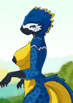 5_fingers anthro areola big_breasts big_tail biped black_areola black_nipples blue_body blue_feathers breasts butt claws countershade_breasts countershade_butt countershade_feathers countershade_legs countershade_tail countershading detailed_background eyelashes feathers female female_anthro finger_claws fingers humanoid_hands long_tail looking_at_viewer markings multicolored_body multicolored_feathers nipples non-mammal_breasts non-mammal_nipples nude nude_anthro nude_female outside red_eyes side_view snout solo spots spotted_body spotted_feathers tail thick_tail yellow_body yellow_claws yellow_countershading yellow_feathers hoc2pus dinosaur dromaeosaurid feathered_dinosaur feathered_scalie prehistoric_species reptile scalie theropod velociraptor 2025 digital_drawing_(artwork) digital_media_(artwork) hi_res portrait shaded three-quarter_portrait