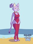 amber_eyes anthro beach breasts clothed clothing female fur looking_at_viewer one-piece_swimsuit purple_body purple_fur seaside simple_background sol_emerald solo swimwear water nokamiwd sega sonic_the_hedgehog_(series) blaze_the_cat domestic_cat felid feline felis mammal absurd_res digital_media_(artwork) hi_res