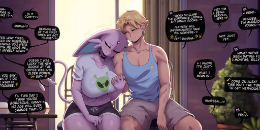 affectionate anthro ayy_lmao big_breasts blonde_hair blush breasts chair clothed clothed_anthro clothed_female clothed_human clothed_male clothing daww dialogue duo ear_piercing eyebrows eyes_closed female fingers forehead_gem front_view fully_clothed fully_clothed_anthro fully_clothed_female fully_clothed_human fully_clothed_male furgonomics furniture furry-specific_piercing gem hair hand_holding happy head_on_shoulder huge_breasts inside interlocked_fingers intimate linked_speech_bubble love male midriff name_in_dialogue navel piercing plant plant_pot potted_plant purring romantic romantic_ambiance romantic_couple shirt sitting smile speech_bubble tail tail_piercing tender tenderness text thick_thighs tied_shirt tilde_after_text topwear gammainks nintendo pokemon alex_(gammainks) fan_character vanessa_(gammainks) eeveelution espeon generation_1_pokemon generation_2_pokemon human mammal pikachu pokemon_(species) 2025 absurd_res artist_name colored digital_media_(artwork) english_text hi_res