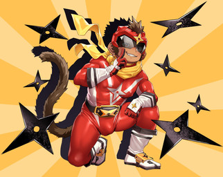 anthro armor asian_clothing balls_outline bodysuit bulge clothing detailed_bulge east_asian_clothing footwear genital_outline gloves handwear headgear helmet japanese_clothing kemono male ninja nipple_outline penis_outline ranged_weapon scarf shuriken skinsuit socks solo tabi_socks tail tight_clothing warrior weapon shiba_yuji vtuber hino_arashi haplorhine mammal monkey primate hi_res