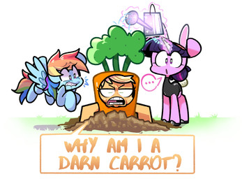 angry asking asking_why bite biting_lip blue_body bodily_fluids bunny_costume carrot carrot_costume clothing costume dialogue dirt ellipsis fake_ears fake_rabbit_ears fake_tail female feral food group hair half-closed_eyes holidays horn multicolored_hair multicolored_tail narrowed_eyes orange_body plant polygonal_speech_bubble purple_body purple_hair question rainbow_hair rainbow_tail speech_bubble tail tears teeth text trio vegetable wings sourspot easter friendship_is_magic hasbro my_little_pony mythology applejack_(mlp) rainbow_dash_(mlp) twilight_sparkle_(mlp) earth_pony equid equine horse mammal mythological_creature mythological_equine pegasus pony unicorn english_text hi_res