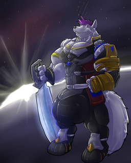 anthro armor balls big_balls big_bulge big_muscles big_penis bulge cosplay flexing genitals huge_balls huge_bulge huge_muscles huge_penis hyper hyper_balls hyper_bulge hyper_genitalia hyper_penis looking_at_viewer male melee_weapon muscular penis solo space sun sword weapon fierglief square_enix star_ocean koryuu_(character) canid canine canis mammal wolf 2014