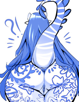 blue_hair butt exclamation_point female floral_pattern floral_print genitals gzhel hair horn long_hair nude nude_female nude_humanoid presenting presenting_hindquarters question_mark raised_tail rear_view slightly_chubby slightly_chubby_female slightly_chubby_humanoid tail tampography thick_thighs vulva cherusdoodles dede_(cherusdoodles) demon demon_humanoid horned_humanoid humanoid 2023