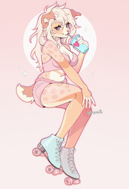 5_fingers anthro bangs belt big_breasts blonde_hair blush bottomwear breasts cheek_tuft clothing container crop_top cup facial_tuft female fingers floppy_ears footwear fur hair holding_container holding_cup holding_object hotpants long_hair looking_at_viewer markings minishorts multicolored_body multicolored_fur navel pink_belt pink_bottomwear pink_clothing pink_crop_top pink_nose pink_shirt pink_shorts pink_topwear quad_skates roller_skates shirt short_tail shorts sitting smile solo spots spotted_body spotted_fur tail topwear tuft cepto_(artist) canid canine canis domestic_dog mammal colored digital_drawing_(artwork) digital_media_(artwork) hi_res shaded simple_shading