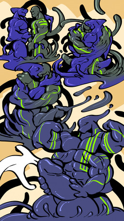 4_arms abs anthro balls big_balls big_penis duo ejaculation eyeless flexing genitals goo_transformation hand_on_penis hug huge_balls huge_penis kissing looking_at_another looking_at_partner male male/male markings merging multi_arm multi_limb muscular muscular_male pecs penis smile standing transformation transformation_sequence trencalos engis_(trencalos) aquatic fish goo_creature humanoid shark symbiote hi_res