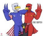 american_flag armband balls beak blue_body blue_eyes dominant dominant_male foreskin genitals germany grey_body group hand_on_shoulder long_penis male male/male muscular muscular_male nazi_armband neutral_expression nude peace_symbol penis penis_on_face politics red_body russia russian simple_background smile soviet_flag soviet_union standing submissive submissive_male text trio united_states_of_america vein veiny_penis white_background world_war_2 yellow_beak avioylin 9th_of_may accipitrid accipitriform avian bird eagle 5:4