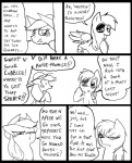 2012 angry applejack_(mlp) black_and_white black_eye_(injury) bruised clothed clothing comic cowboy_hat dialogue digital_media_(artwork) duo earth_pony english_text equid equine feathered_wings feathers female feral freckles friendship_is_magic hair hasbro hat headgear headwear horse inside mammal metal_(artist) monochrome my_little_pony mythological_creature mythological_equine mythology pegasus pony rainbow_dash_(mlp) simple_background text white_background wings