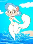 anthro beach bikini breasts brown_eyes cleavage clothed clothing female hat headgear headwear huge_thighs lips looking_at_viewer micro_bikini outside sea small_waist smile solo standing swimwear thick_thighs two-piece_swimsuit water white_body wide_hips garbunkle cats_don't_dance warner_brothers sawyer_(cats_don't_dance) domestic_cat felid feline felis mammal 2025 absurd_res colored full-length_portrait hi_res portrait signature