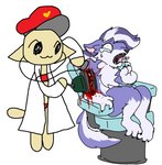 anthro blood bodily_fluids broken_legs clothing coat doctor duo feral gore hat headgear headwear lab_coat medical_instrument scientific_instrument screaming seat shocked stethoscope tears topwear underwear anonymous_artist 4chan yuka_(yakukitsu) canid canine canis domestic_cat felid feline felis mammal wolf