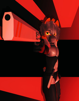 alternative_fashion anthro armwear black_armwear black_clothing black_elbow_gloves black_gloves black_handwear black_legwear black_thigh_highs clothing combat_gear combat_knife elbow_gloves emblem floppy_ears front_slit_clothing fur gloves grey_body grey_fur gun hair handgun handwear horn legwear male orange_eyes orange_horn ranged_weapon revolver solo tail thigh_highs weapon conditional_dnp gusta gusta_(gusta) bovid caprine goat mammal hi_res