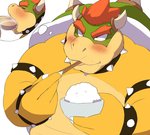 2_horns anthro balls belly blush bodily_fluids chopsticks cum disembodied_penis duo eyes_closed food genital_fluids genitals horn humanoid_hands kemono male male/male oral overweight overweight_male penis sex simple_background solo_focus tongue tongue_out white_background yoshizaurusu_n mario_bros nintendo bowser koopa scalie 2020