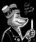 anthro clothed clothing container cup cups_on_ears dialogue fangs fur holding_knife holding_object holding_weapon jacket knife looking_back male narrowed_eyes open_mouth shirt side_view solo teeth text topwear weapon nikraccoom night_in_the_woods gregg_lee canid canine fox mammal 2023 hi_res monochrome signature