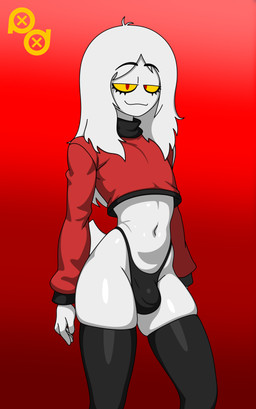 black_clothing black_legwear black_stockings black_thong black_underwear bulge clothing femboy hair legwear logo male midriff puffle_jhebb_(character) red_clothing red_eyes red_sweater red_topwear solo stockings sweater thong topwear turtleneck underwear white_body white_hair yellow_sclera puffle_dreemurr club_penguin humanoid puffle absurd_res artist_logo hi_res