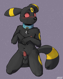 animal_genitalia animal_penis anthro anthrofied balls blush bodily_fluids canine_genitalia canine_penis collar collar_only ears_back genitals kneeling lipsticking male moon navel nipples nude penis penis_tip pivoted_ears pokemorph sheath sky solo star starry_sky sweat sweatdrop arloatdusk nintendo pokemon eeveelution generation_2_pokemon pokemon_(species) umbreon hi_res