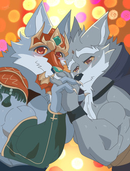 age_difference anthro barazoku beard blue_body blue_fur blush claws clothed clothing duo facial_hair fangs finger_claws fur hand_holding humor looking_at_viewer looking_down male male/male mature_anthro mature_male muscular muscular_anthro muscular_male older_anthro older_male parody sad smile smiling_at_viewer teeth pinumontbalou puella_magi puella_magi_madoka_magica sdorica law_(sdorica) canid canine canis mammal wolf hi_res