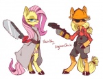 armor blonde_hair bonesaw clothed clothing cutie_mark duo engineer_(profession) eyewear female freckles fur glasses goggles green_eyes hair hard_hat hat headgear headwear helmet holding_object holding_tool knife long_hair pink_hair simple_background tail text tools weapon white_background wrench yellow_body yellow_fur 8-xenon-8 friendship_is_magic hasbro my_little_pony team_fortress_2 valve applejack_(mlp) engineer_(team_fortress_2) fluttershy_(mlp) medic_(team_fortress_2) earth_pony equid equine horse mammal pony 2012 crossover english_text