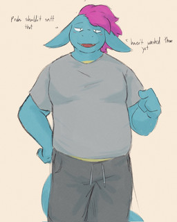anthro black_bottomwear black_clothing black_pants blue_body blue_scales blush bottomwear clothed clothing countershade_scales countershade_torso countershading dialogue eyebrow_through_hair eyebrows fangs front_view fully_clothed gesture green_eyes grey_clothing grey_shirt grey_topwear hair half-closed_eyes hand_gesture hand_on_hip male narrowed_eyes open_mouth overweight overweight_anthro overweight_male pants pockets pointing pointing_at_viewer purple_hair scales shirt simple_background snout solo tail talking_to_viewer tan_body tan_countershading tan_scales teeth text tongue topwear translucent translucent_hair white_background jephhh mythology jeph_(jephhhad) dragon mythological_creature mythological_scalie scalie english_text hi_res