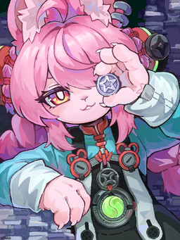 4_fingers ahoge anthro braided_pigtails claws clothed clothed_anthro clothed_female clothing ear_piercing ear_ring female fingers fully_clothed fully_clothed_anthro fully_clothed_female fur hair inner_ear_fluff overall_dress piercing pink_body pink_fur pink_hair red_eyes ring_piercing solo tuft lijun_mtgf mihoyo zenless_zone_zero zhao_(zenless_zone_zero) lagomorph leporid mammal rabbit thiren 2026 half-length_portrait portrait