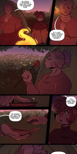 anthro bottomwear brown_hair campfire candy clothed clothing dessert dialogue duo eyelashes female food front_view hair male marshmallow pupils s'more sitting smile speech_bubble text topwear white_body white_hair nimzy noms_(nimzy) tobi_(nimzy) cricetid felid hamster hybrid liger mammal pantherine rodent absurd_res comic english_text hi_res