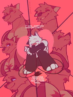 anthro blue_sclera clothing duo eyes_closed happy heart_symbol hugging_legs inner_monologue love male male/male muscular pecs pivoted_ears red_heart shirt sitting smile tank_top text thinking topwear rygel_spkb milo_(rygel_spkb) yoby_(rygel_spkb) canid canine canis mammal wolf absurd_res artist_name comic english_text hi_res red_theme