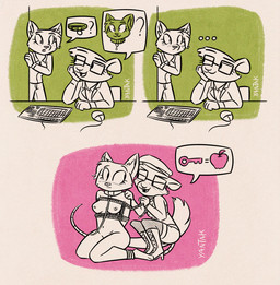 anthro bdsm bondage boots bound breasts clothing collar collared_shirt computer_keyboard computer_mouse duo eyewear female female/female fishnet_clothing fishnet_leggings fishnet_legwear footwear glasses hands_behind_back high_heeled_boots high_heels kneeling leash leashed_collar leggings legwear looking_at_another looking_at_partner looking_back looking_back_at_another looking_back_at_partner navel nude nude_anthro nude_female rectangular_glasses restraints rope rope_bondage rope_harness shirt shoes speech_bubble talking_to_another talking_to_partner topwear wearing_collar wearing_glasses yantak felid feline mammal rodent 2026 comic digital_drawing_(artwork) digital_media_(artwork) english_description hi_res