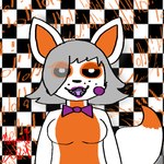 accessory black_nose black_sclera bow_tie checkered checkered_background female fur grey_hair hair lipstick makeup mostly_nude open_mouth orange_body orange_fur pattern_background pupils sharp_teeth simple_background solo teeth white_body white_fur white_pupils sewwa five_nights_at_freddy's five_nights_at_freddy's_world scottgames lolbit_(fnaf) canid canine fox mammal 1:1