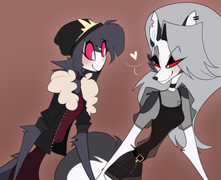 anthro arm_tuft beak beanie belt blush breasts cheek_tuft clothed clothing duo ear_piercing facial_tuft feathers female female/female fur grey_body grey_fur grey_hair hair hat head_tuft headgear headwear heart_symbol inner_ear_fluff jacket looking_at_another notched_ear piercing pink_sclera red_sclera shoulder_tuft smile tail tail_feathers topwear tuft white_body white_eyes white_fur zipper winter_berryy hellaverse helluva_boss mythology loona_(helluva_boss) octavia_(helluva_boss) avian bird canid canid_demon canine demon hellhound mammal mythological_canine mythological_creature owl 2020 hi_res