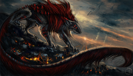 4_fingers ambiguous_gender black_body black_claws black_fur claws cloud day detailed_background digitigrade dutch_angle ears_back feral fingers flying fur grey_body grey_fur group hair inner_ear_fluff lava long_hair long_mouth long_tail mane mane_hair multi_eye no_sclera nude outside pivoted_ears red_eyes red_hair rock shadow sharp_teeth silhouette sky snout solo_focus standing sun tail teeth tuft volcano flashw grey_havens mythology spiral_knights lexxure dragon mythological_creature mythological_scalie scalie snarbolax 2015 detailed digital_media_(artwork) digital_painting_(artwork) painting_(artwork)
