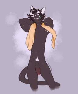 anthro armpit_hair balls black_balls black_body black_ears black_fur black_hair black_penis black_tail blush body_blush body_hair eyebrows facial_scar flaccid foreskin fur genitals glans green_eyes hair hands_behind_back humanoid_genitalia humanoid_penis male multicolored_hair navel nipples nude nude_male one_eye_closed penis penis_blush pink_glans pink_nipples pink_nose pubes scar simple_background slim slim_male solo standing tail towel towel_on_shoulder two_tone_hair unretracted_foreskin wet wet_body white_armpit_hair white_eyebrows white_hair white_inner_ear white_pubes nerunaur spot_(noirzvault) domestic_cat felid feline felis mammal 2025 colored flat_colors hi_res signature