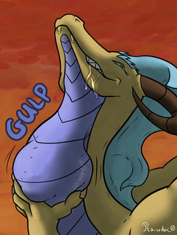 bodily_fluids close-up curved_horn evil_grin eyelashes female frill_(anatomy) horn looking_at_viewer neck_bulge saliva scales side_view smile soft_vore solo swallowing toony touching_bulge touching_neck vore yellow_body ptarodex european_mythology mythology lorelei_(ptarodex) dragon mythological_creature mythological_scalie scalie western_dragon 2026 3:4 absurd_res colored digital_media_(artwork) hi_res shaded